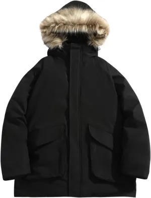Bidobibo Reversible Quilted Jacket Men Winter Jacket with Fur Hood Winter Coats for Men Warm Parka Long Sleeve Puffer Coat