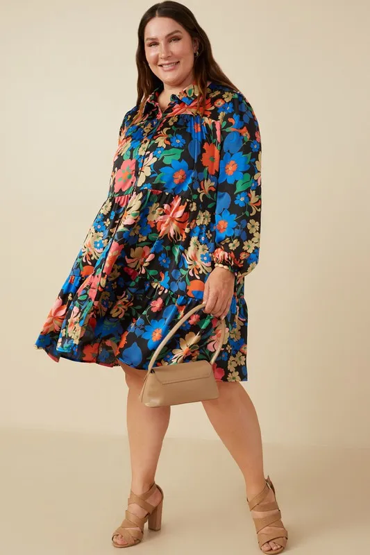 Black Floral Satin Shirt Dress