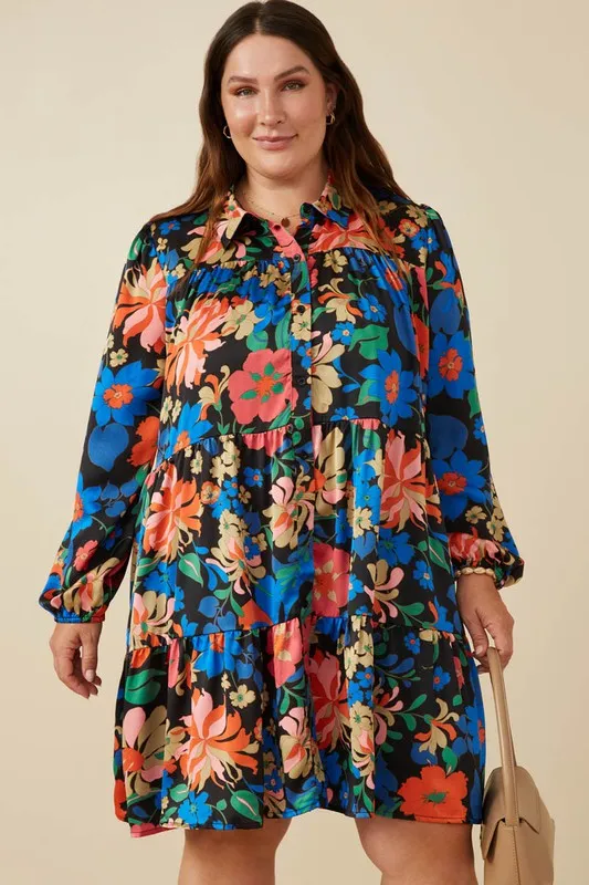 Black Floral Satin Shirt Dress