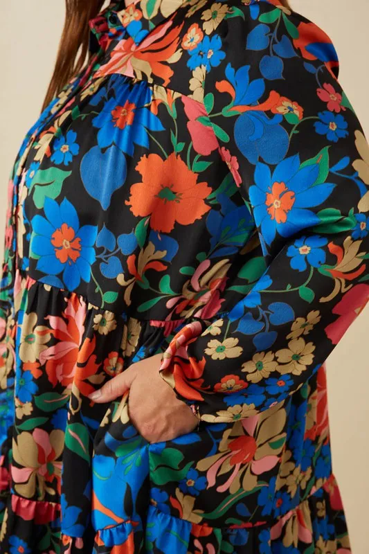 Black Floral Satin Shirt Dress