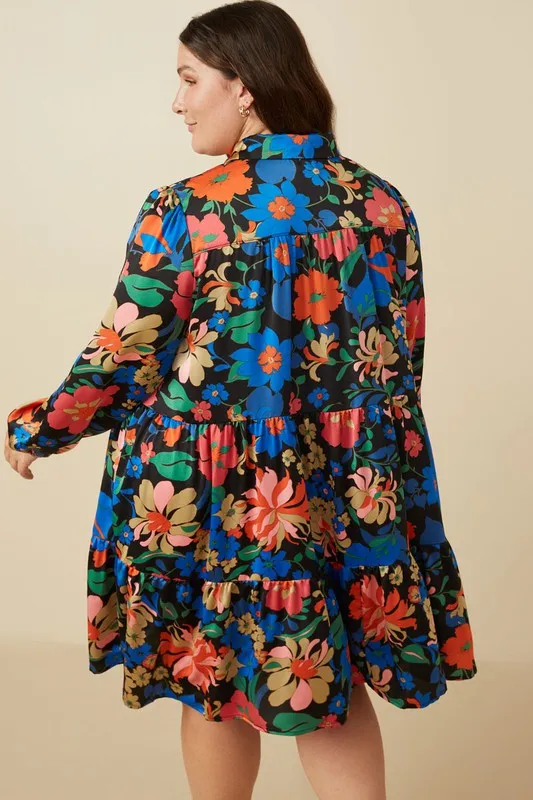 Black Floral Satin Shirt Dress