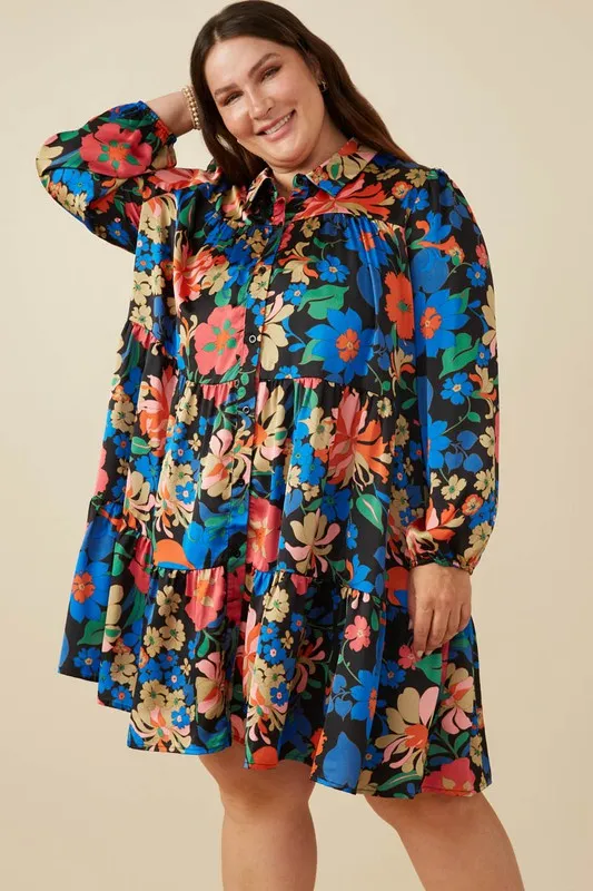 Black Floral Satin Shirt Dress