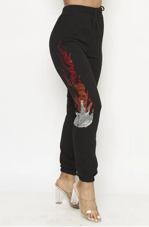 Black Rhinestone Flames So Bright Jogger Pants
