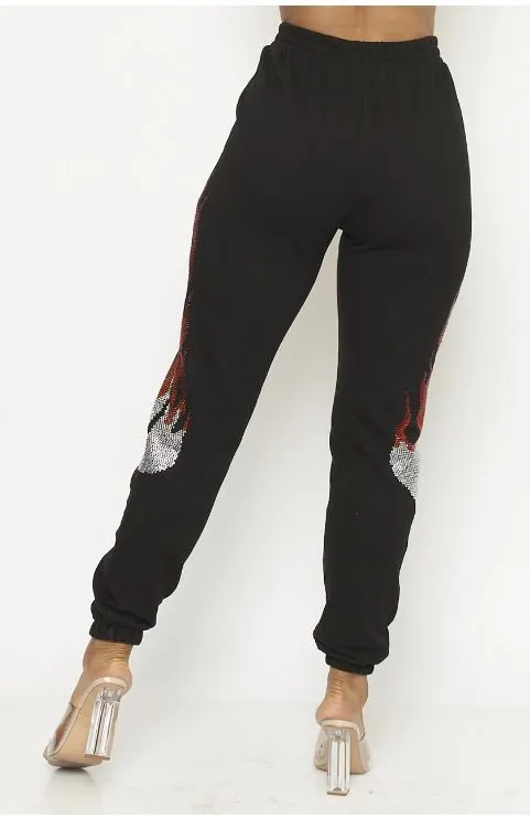 Black Rhinestone Flames So Bright Jogger Pants