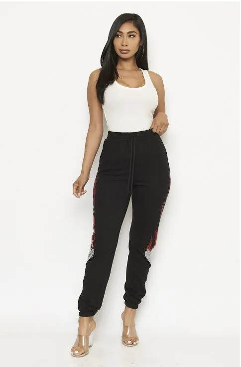 Black Rhinestone Flames So Bright Jogger Pants