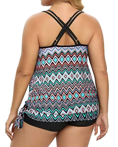 Blouson Plus Size Two Piece Tankini Swimsuit With Boy Shorts For Women-Black Tribal