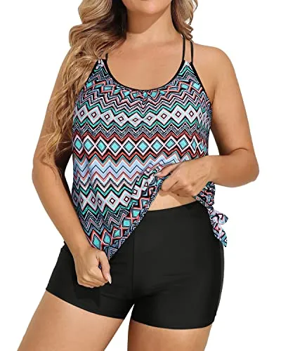 Blouson Plus Size Two Piece Tankini Swimsuit With Boy Shorts For Women-Black Tribal