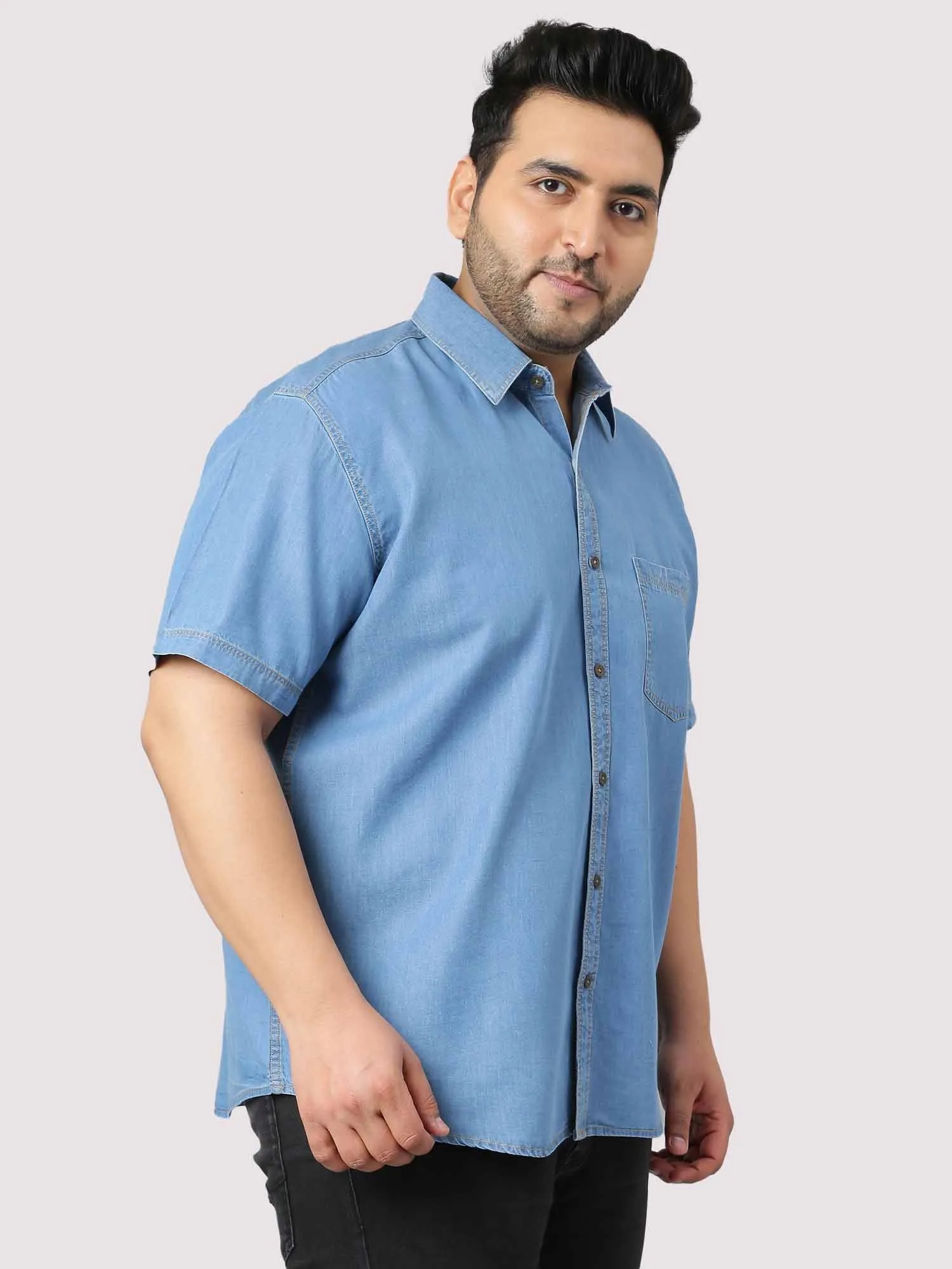 Blue Denim Single Pocket Half Sleeve Shirt Men's Plus Size