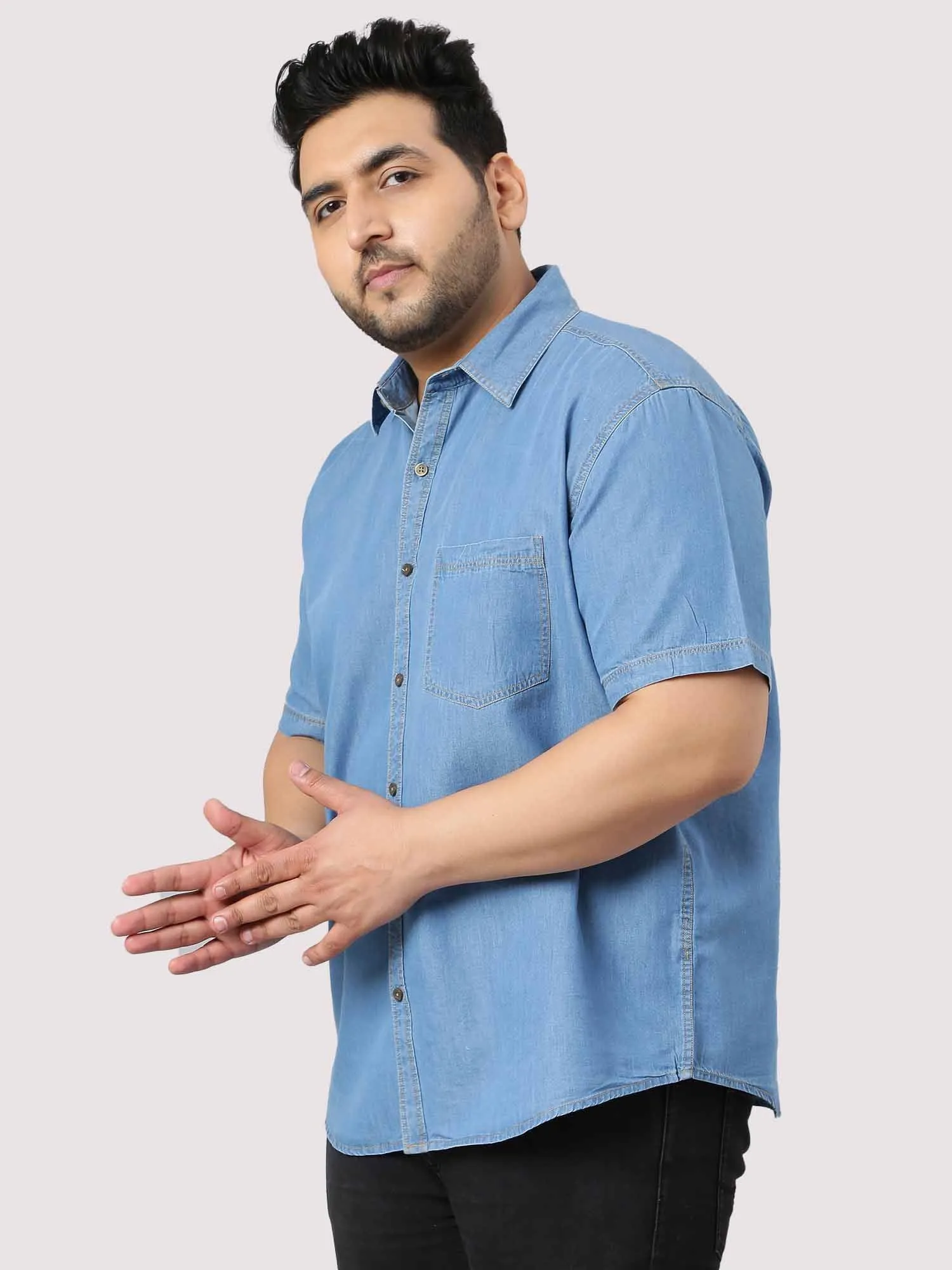 Blue Denim Single Pocket Half Sleeve Shirt Men's Plus Size