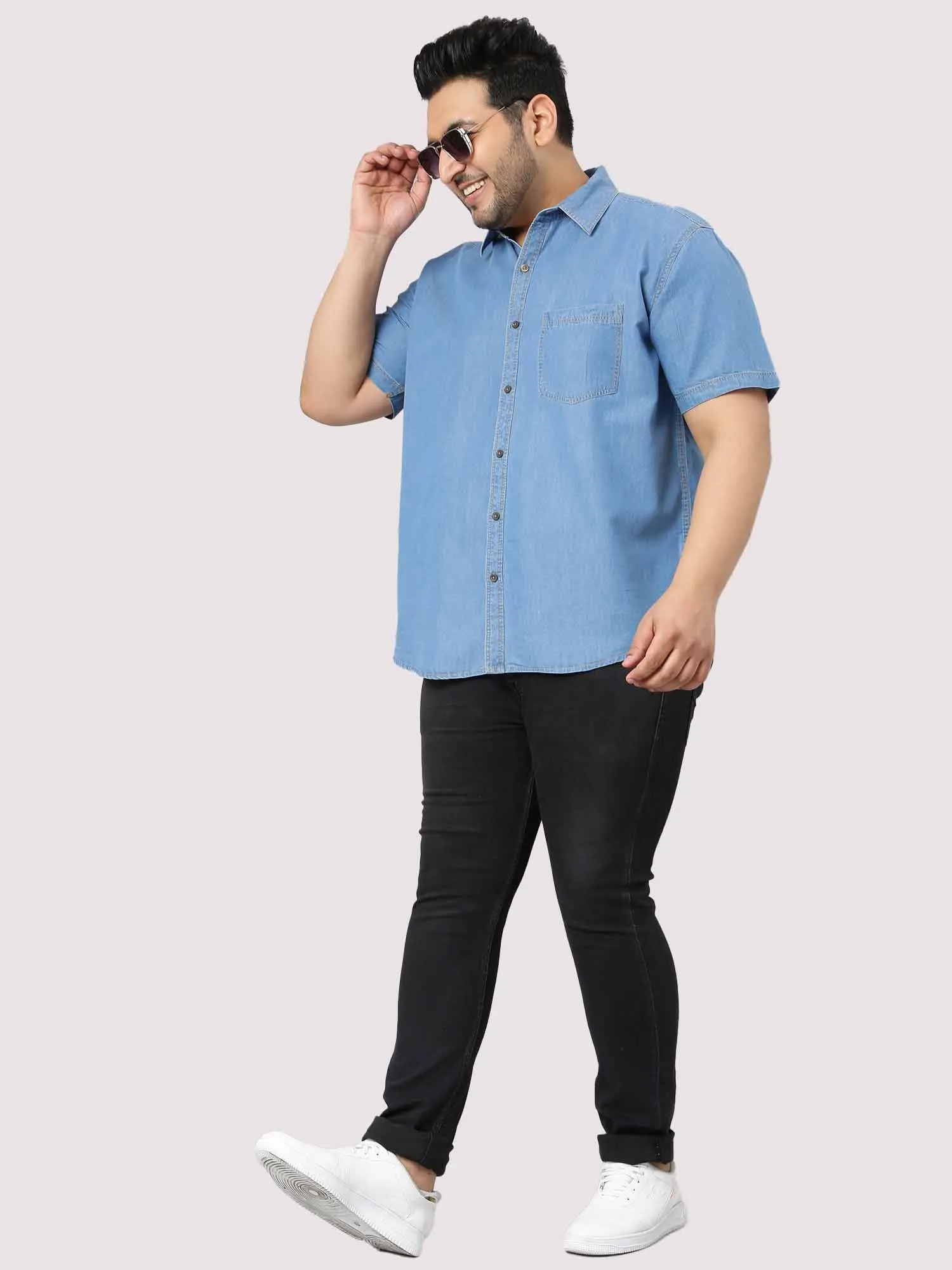 Blue Denim Single Pocket Half Sleeve Shirt Men's Plus Size