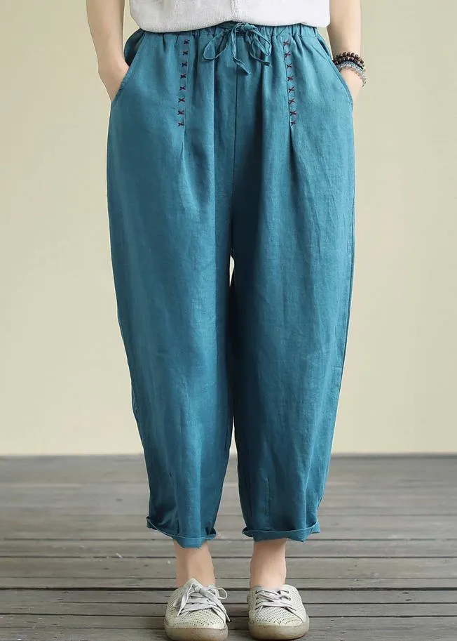 Blue loose casual plus size lace hemp cropped pants