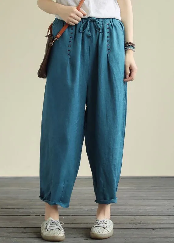 Blue loose casual plus size lace hemp cropped pants