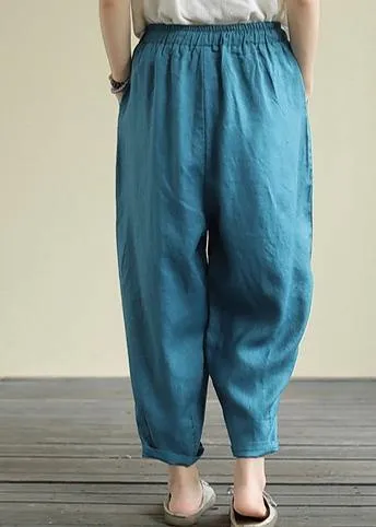 Blue loose casual plus size lace hemp cropped pants