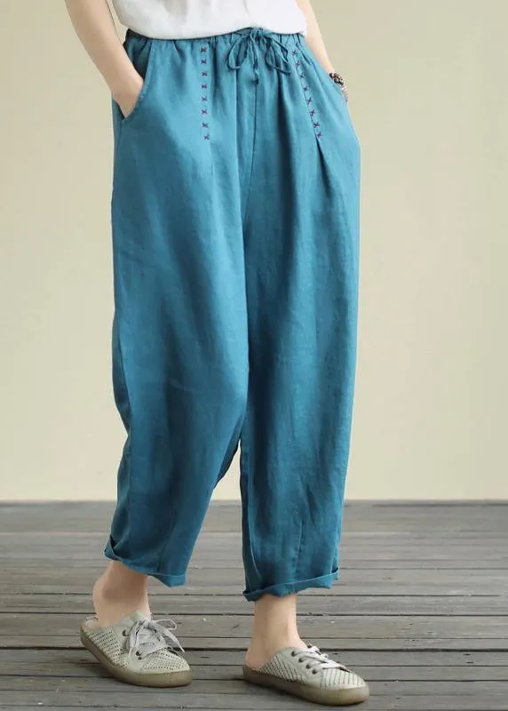 Blue loose casual plus size lace hemp cropped pants