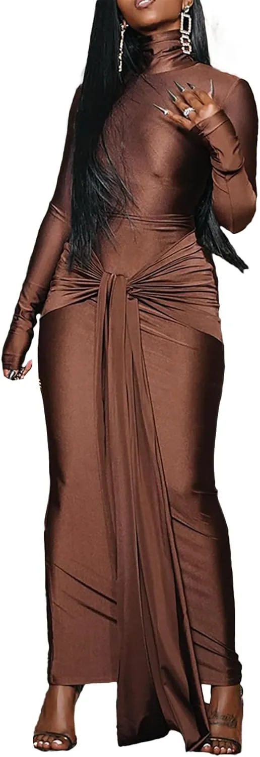 Bluewolfsea Women Casual Basic Long Sleeve Turtleneck Bodycon Maxi Dress Long Formal Evening Party Dresses