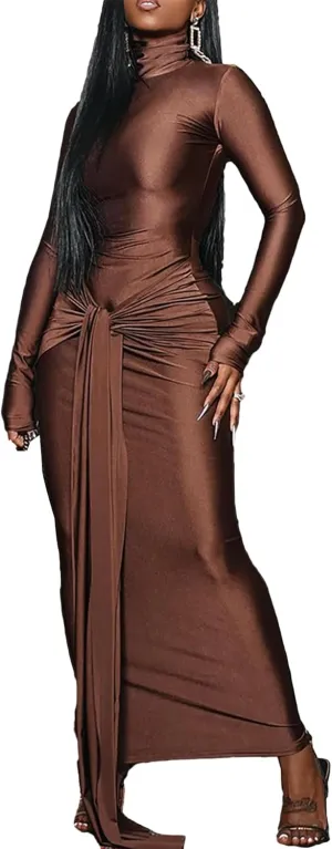 Bluewolfsea Women Casual Basic Long Sleeve Turtleneck Bodycon Maxi Dress Long Formal Evening Party Dresses