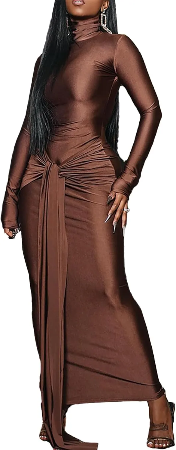 Bluewolfsea Women Casual Basic Long Sleeve Turtleneck Bodycon Maxi Dress Long Formal Evening Party Dresses