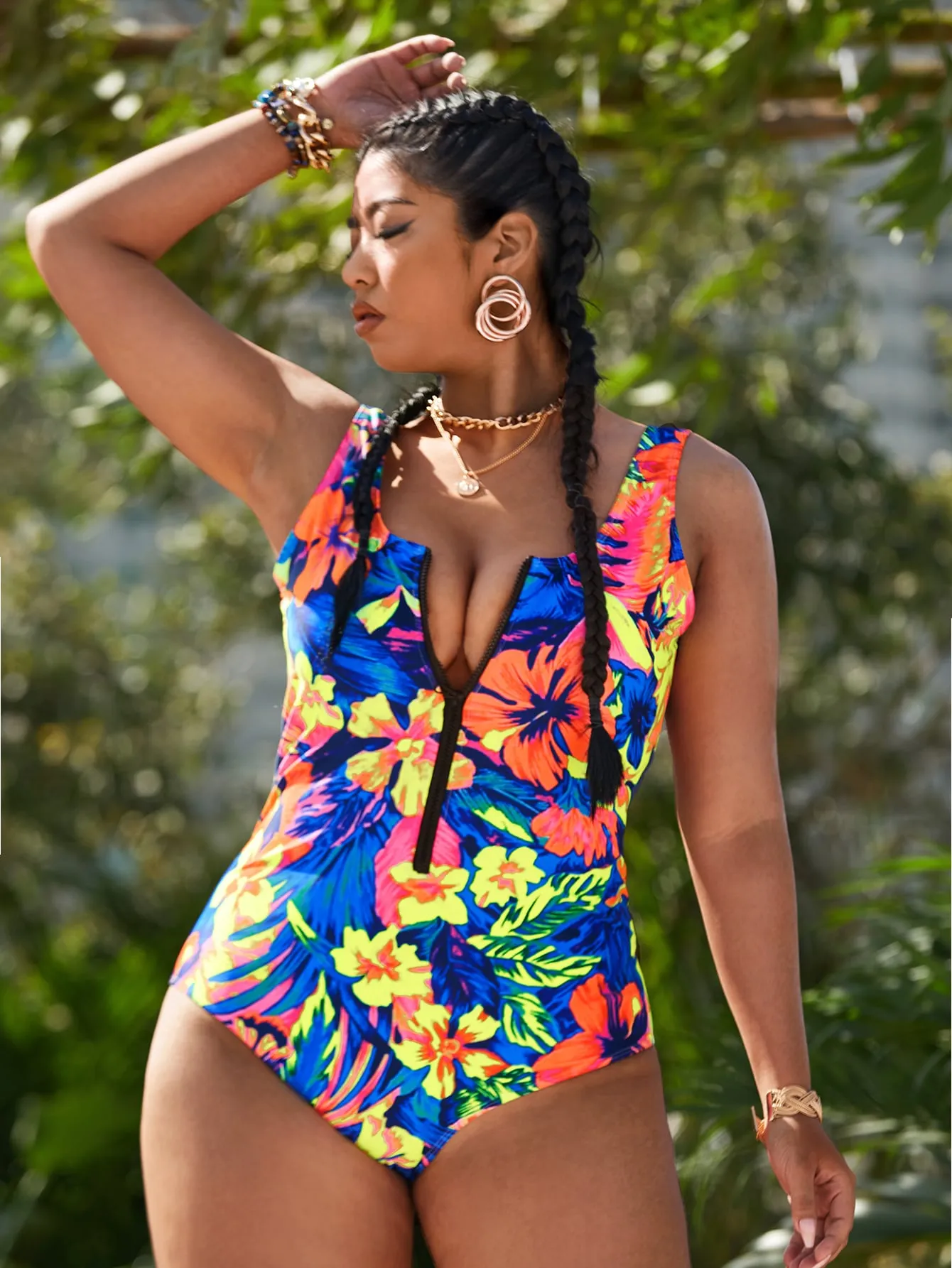 Boho All Over Print Zipper Square Neck Plus Size One-Pieces