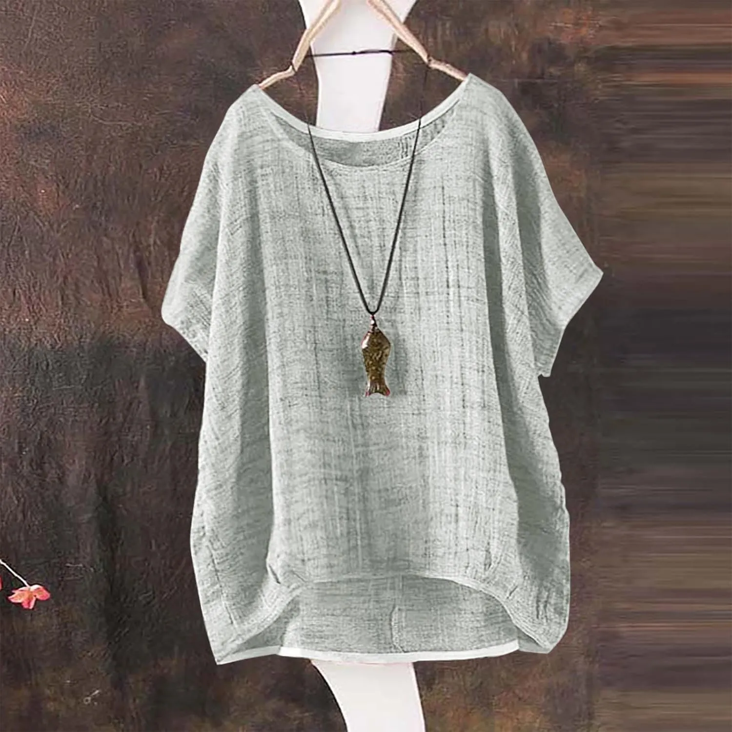 Boho Shirts for Women Hippie Casual Summer Short Sleeve Gauze Shirts Plus Size Cotton Linen Peasant Tops Blouses