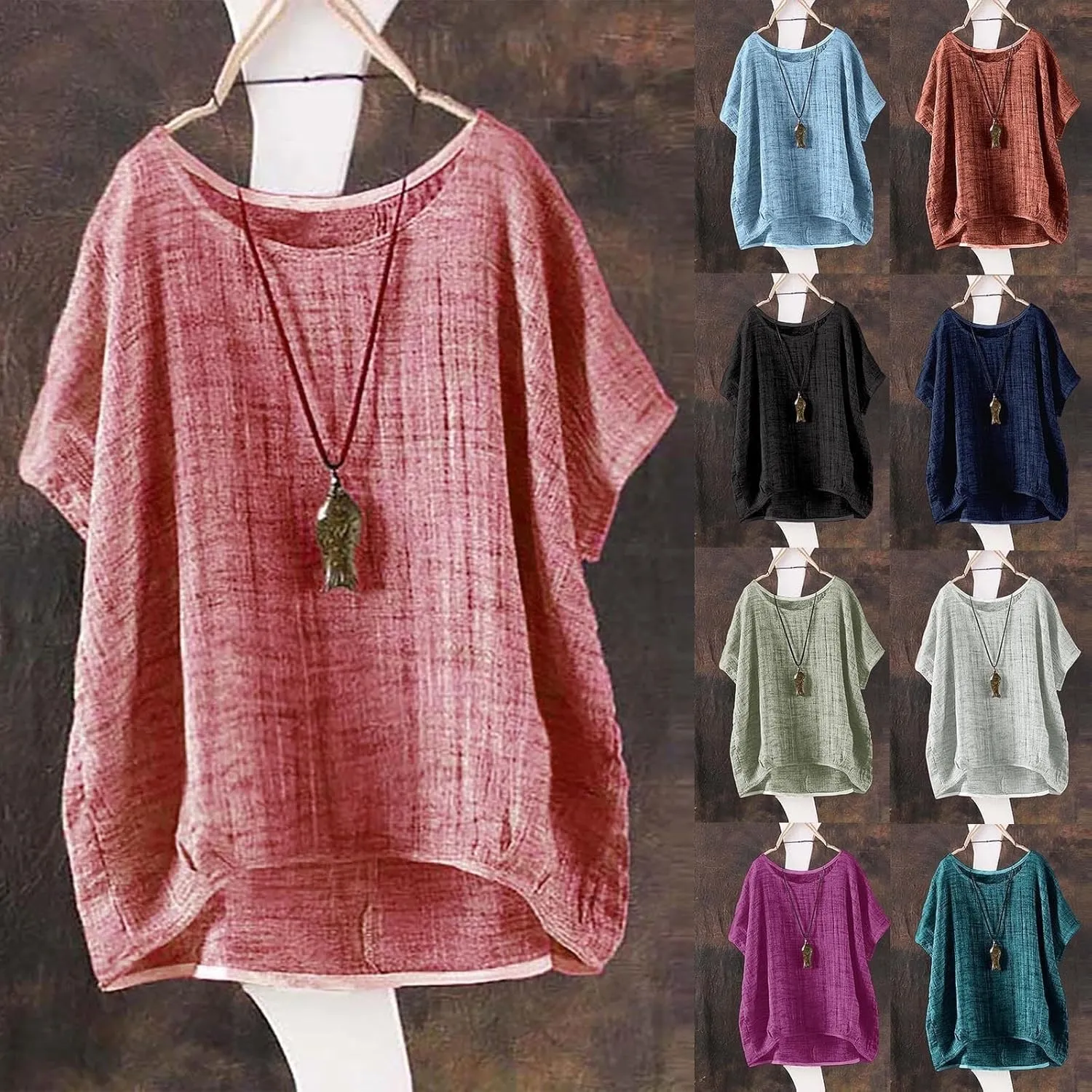 Boho Shirts for Women Hippie Casual Summer Short Sleeve Gauze Shirts Plus Size Cotton Linen Peasant Tops Blouses