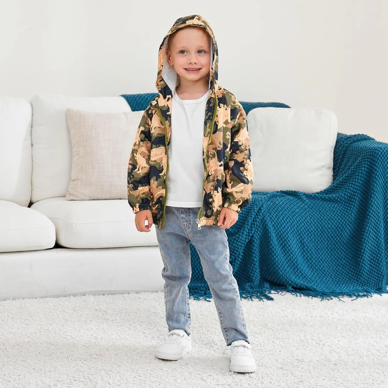 Boys' Hooded Dinosaur Jacket Windbreaker Outerwear