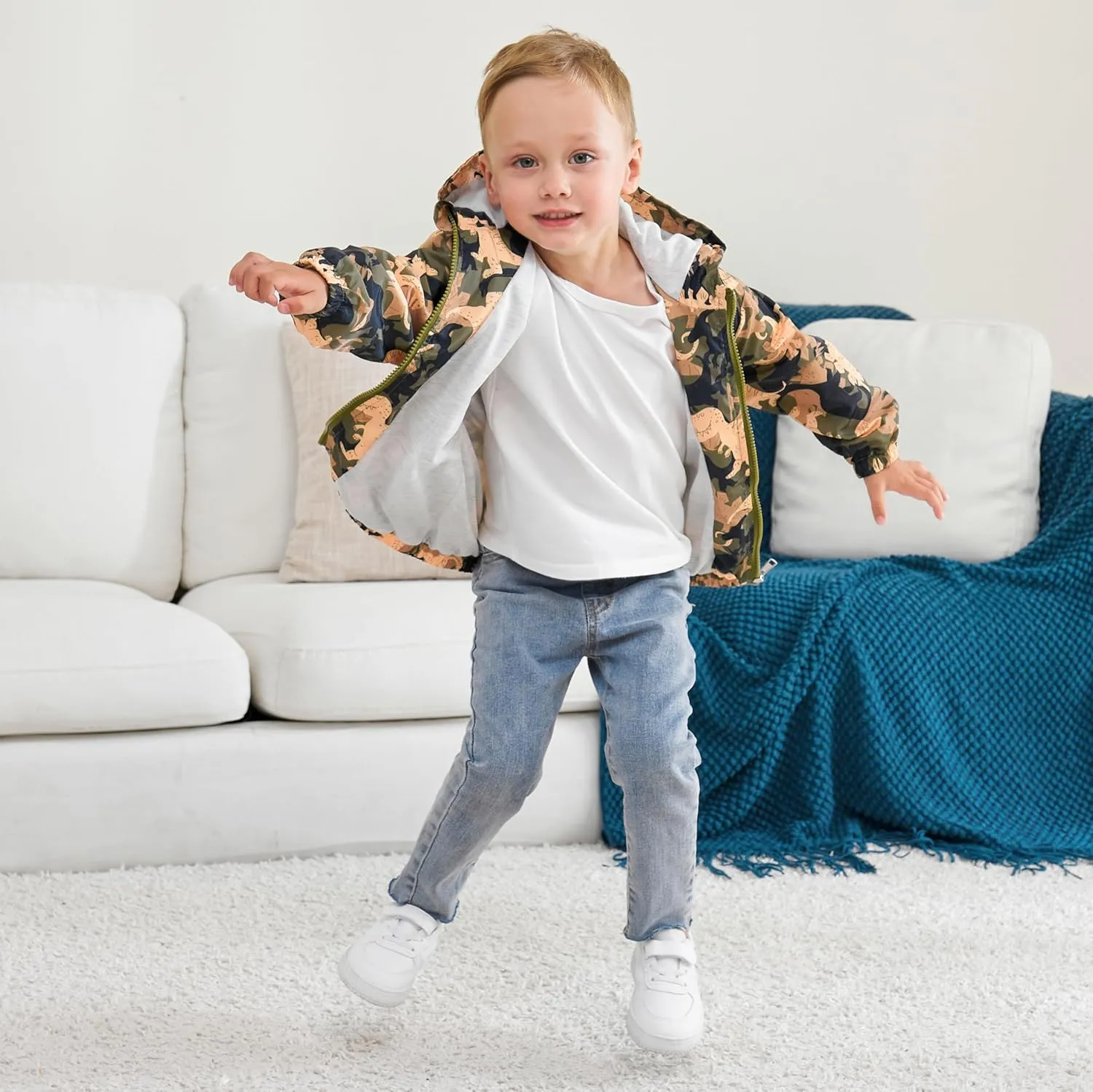 Boys' Hooded Dinosaur Jacket Windbreaker Outerwear