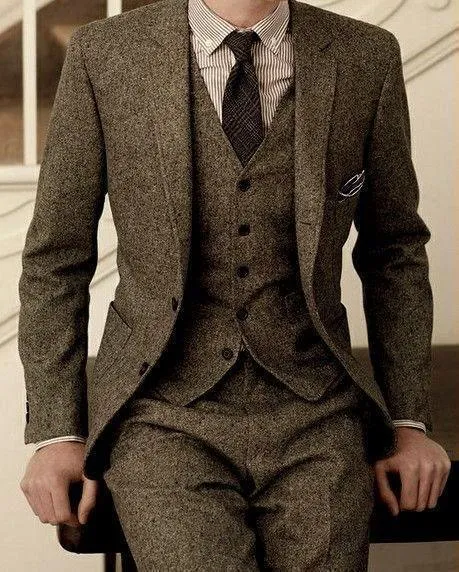 Brown Tweed Suit Slim Fit Wedding Suits 3 Piece