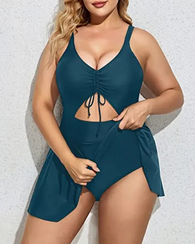 Built-In Bottom V Neck Swimdress For Women-Teal