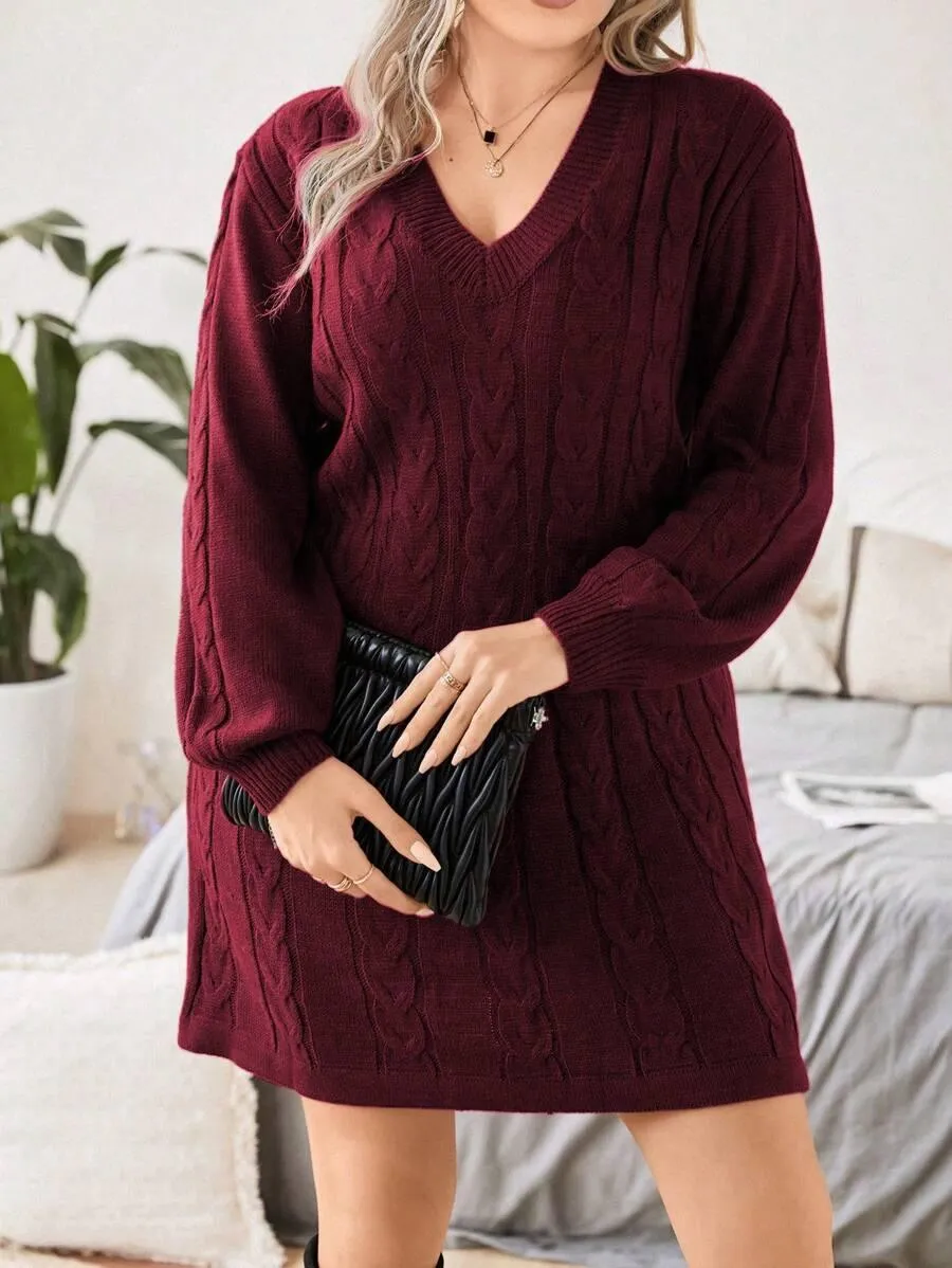 Cable Knit Lantern Sleeve Sweater Dress