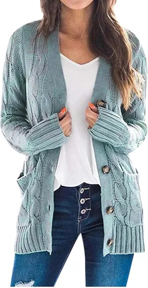 Cable Knitted Cardigan for Women, 2023 Fall Winter Open Front Duster Button Down Chunky Sweaters Pullover