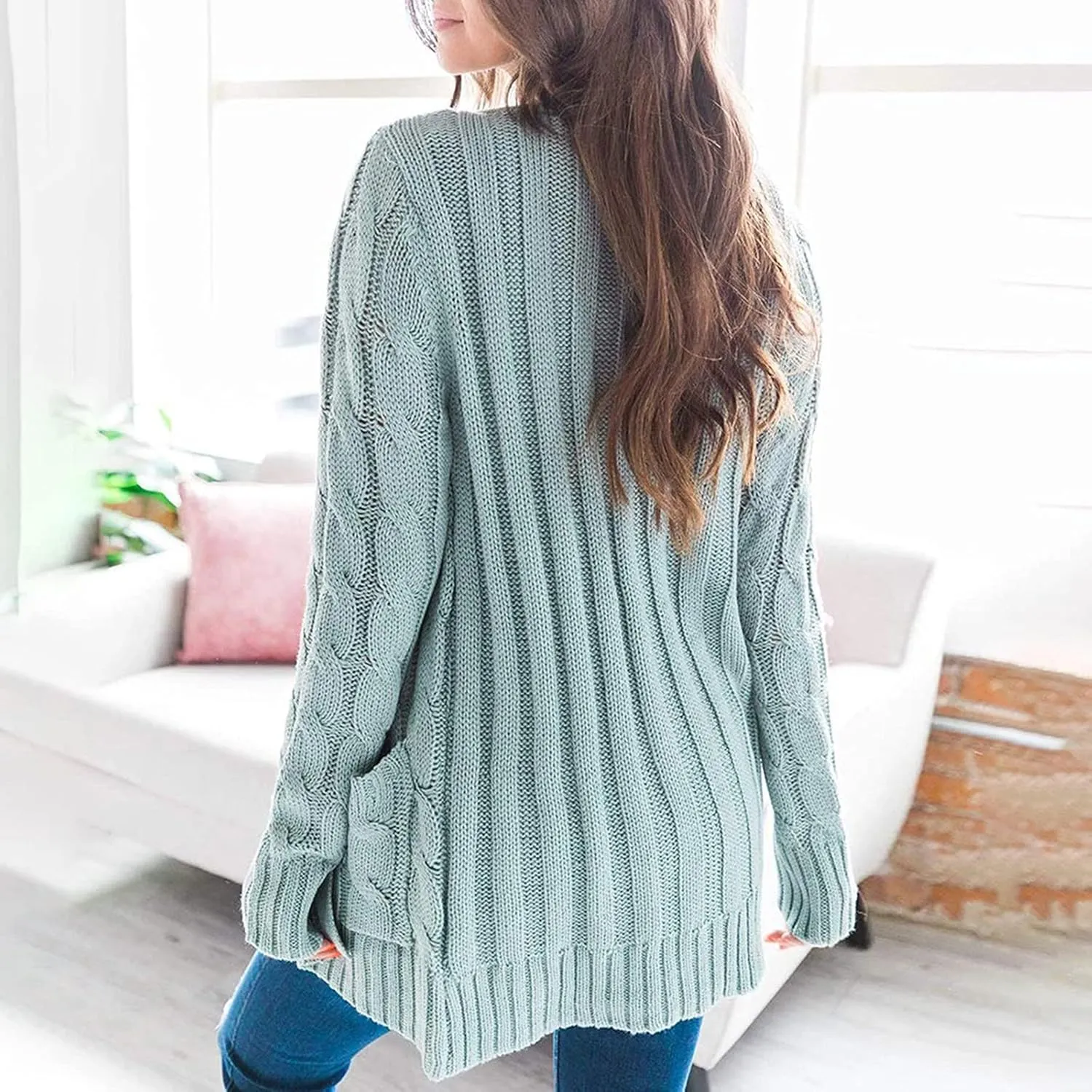 Cable Knitted Cardigan for Women, 2023 Fall Winter Open Front Duster Button Down Chunky Sweaters Pullover