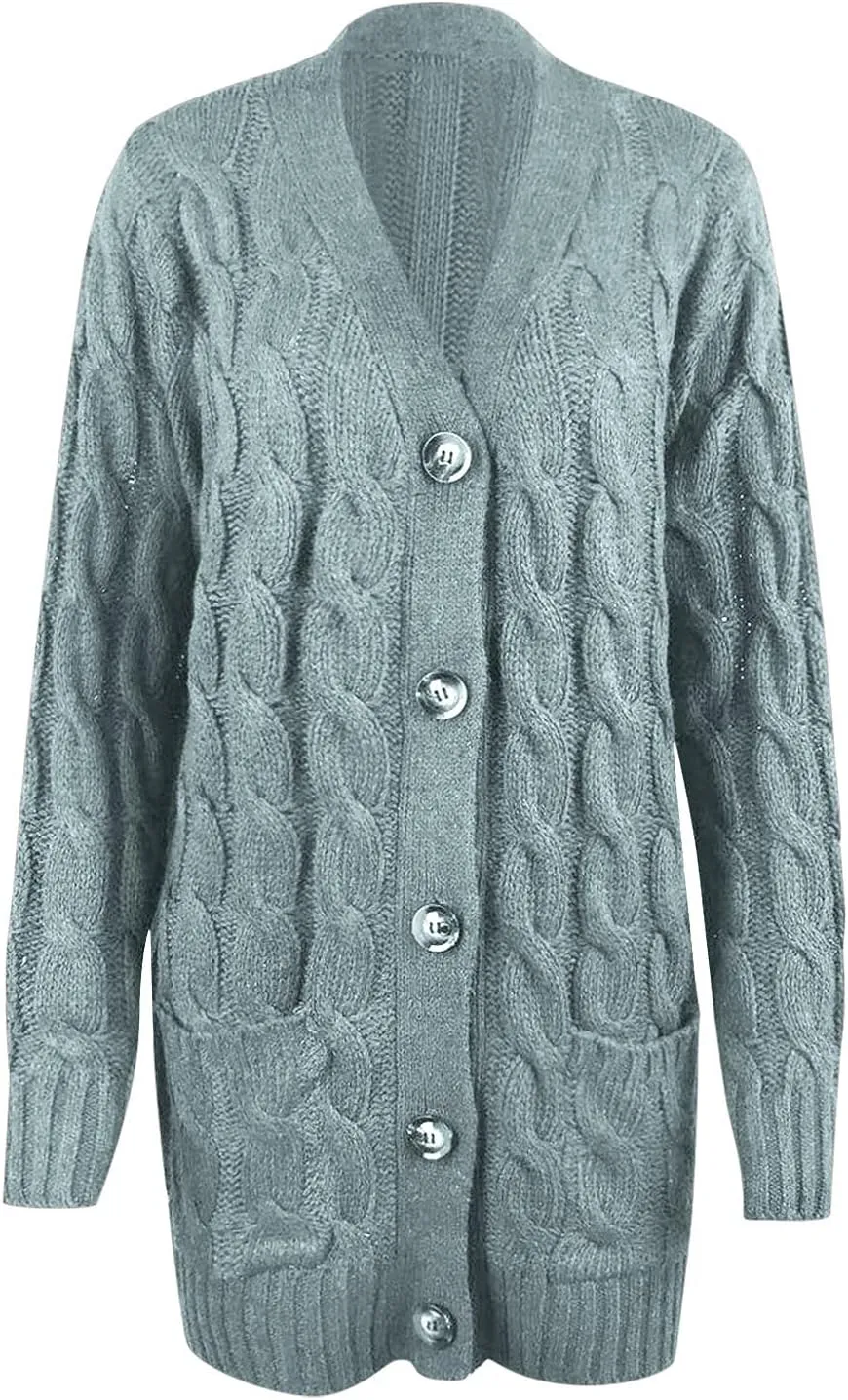 Cable Knitted Cardigan for Women, 2023 Fall Winter Open Front Duster Button Down Chunky Sweaters Pullover