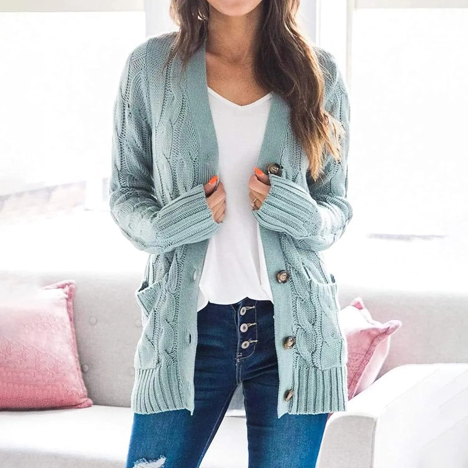 Cable Knitted Cardigan for Women, 2023 Fall Winter Open Front Duster Button Down Chunky Sweaters Pullover