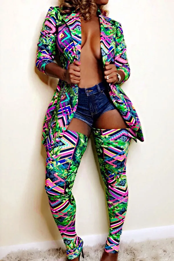 Camouflage Lapel Party Coat & Pantyhose Suit