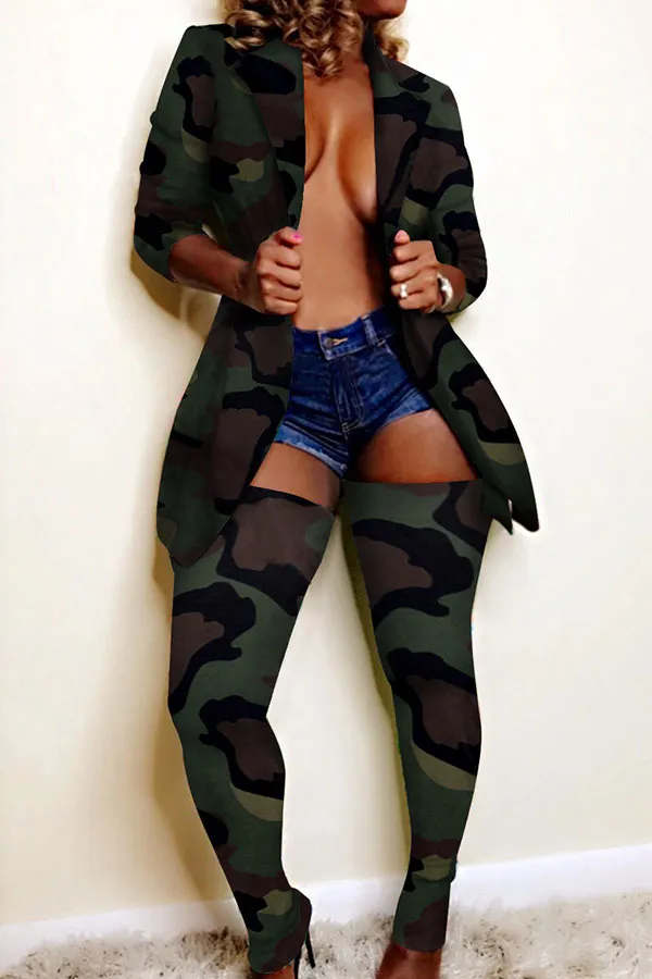 Camouflage Lapel Party Coat & Pantyhose Suit