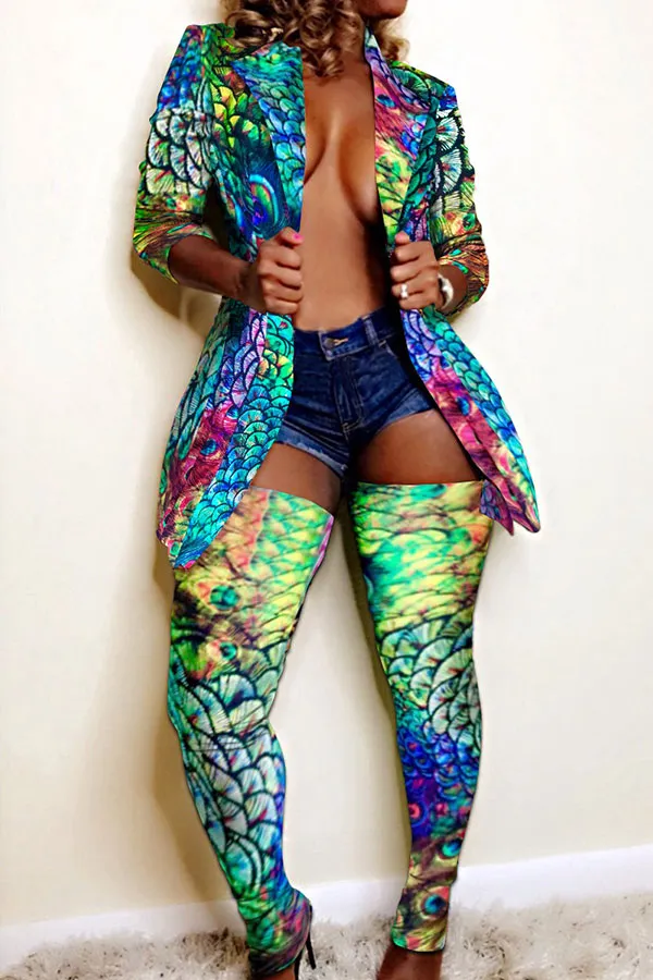 Camouflage Lapel Party Coat & Pantyhose Suit
