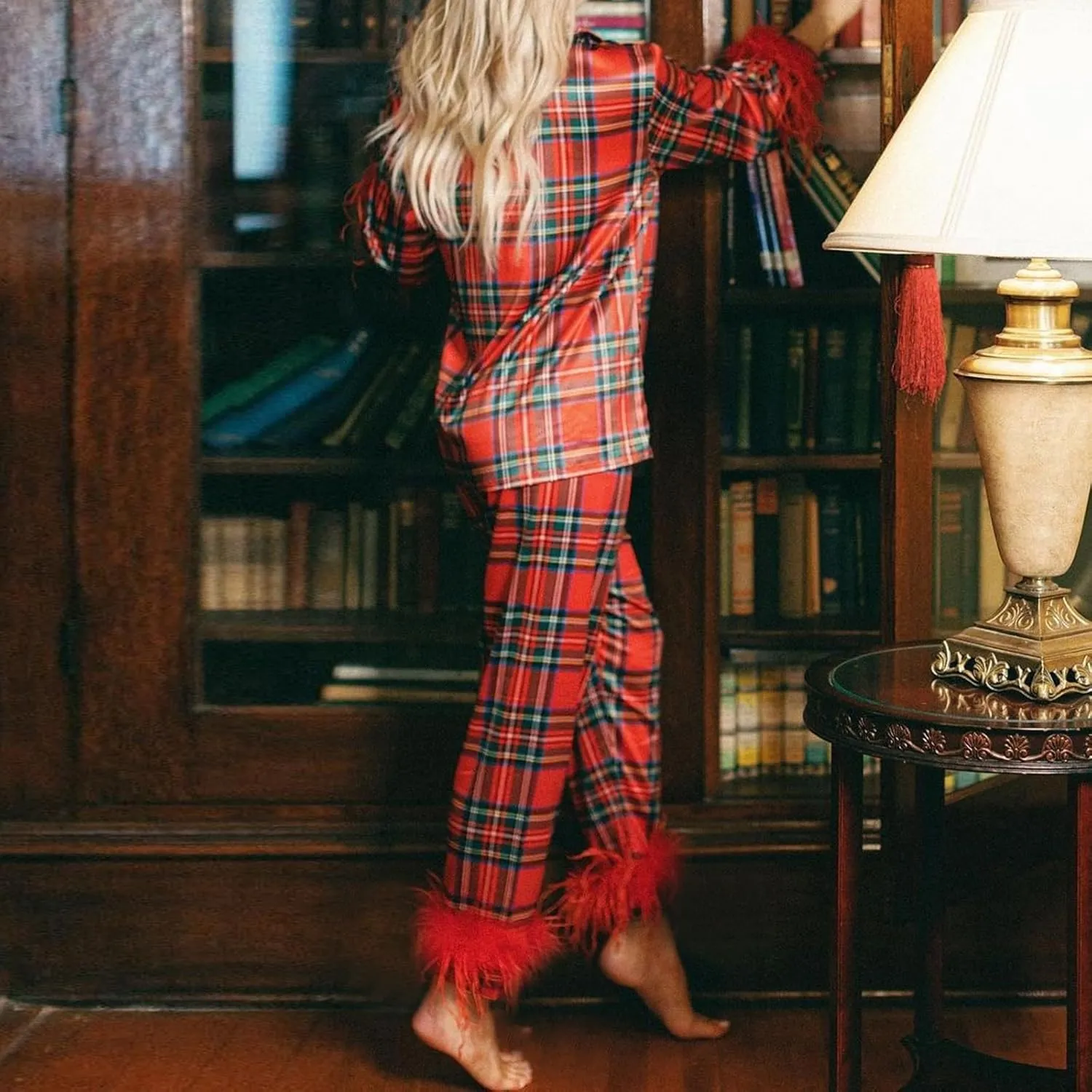 Canbebig Womens 2 Piece Feather Trim Faux Silk Satin Pajama Set Button Down Long Sleeve Shirt & Pants Pj Set Lounge Sleepwear
