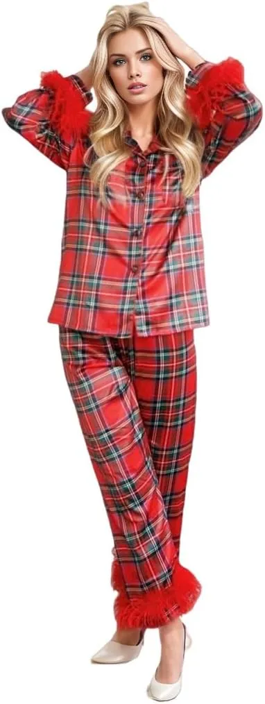 Canbebig Womens 2 Piece Feather Trim Faux Silk Satin Pajama Set Button Down Long Sleeve Shirt & Pants Pj Set Lounge Sleepwear