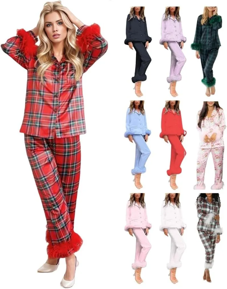 Canbebig Womens 2 Piece Feather Trim Faux Silk Satin Pajama Set Button Down Long Sleeve Shirt & Pants Pj Set Lounge Sleepwear
