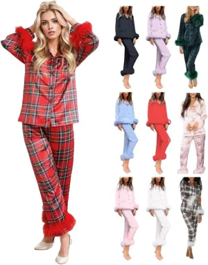 Canbebig Womens 2 Piece Feather Trim Faux Silk Satin Pajama Set Button Down Long Sleeve Shirt & Pants Pj Set Lounge Sleepwear