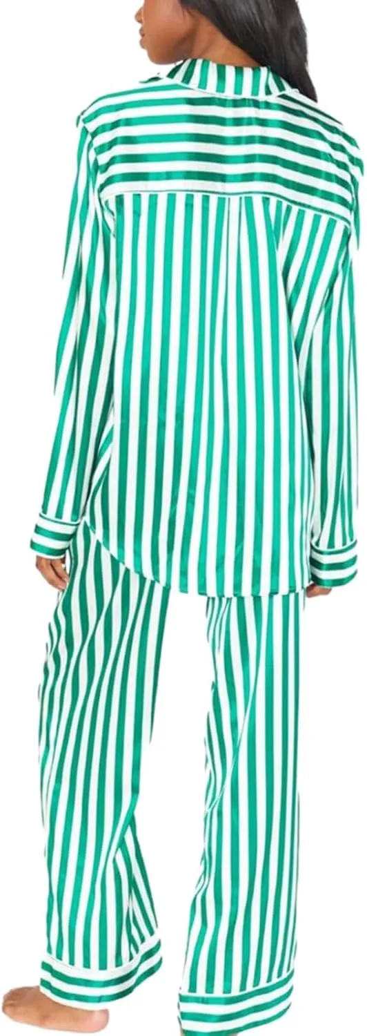 Canbebig Womens Classic Faux Satin Pajama Set Long Sleeve Button Down Sleepwear Pants 2-Piece Striped Silky Pj Set Loungewear