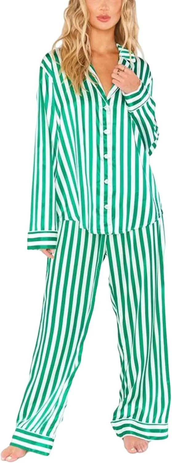Canbebig Womens Classic Faux Satin Pajama Set Long Sleeve Button Down Sleepwear Pants 2-Piece Striped Silky Pj Set Loungewear
