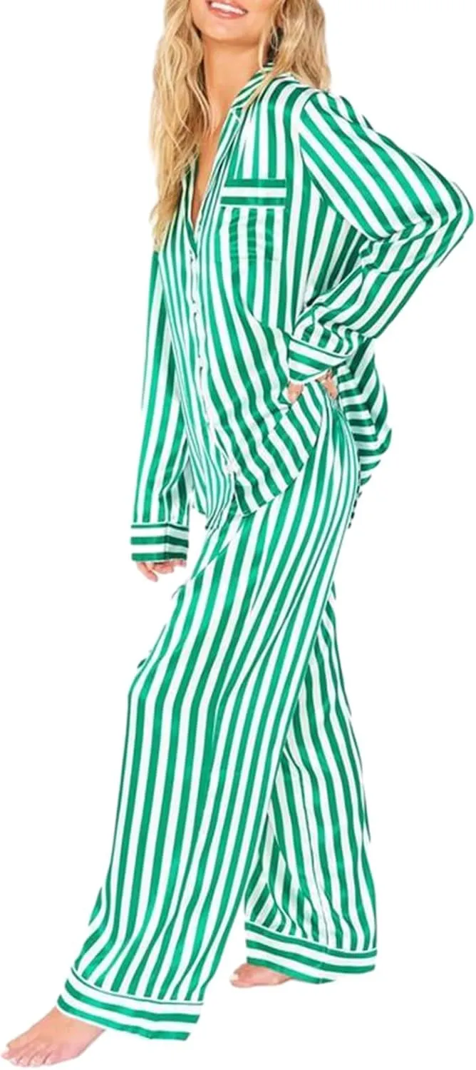 Canbebig Womens Classic Faux Satin Pajama Set Long Sleeve Button Down Sleepwear Pants 2-Piece Striped Silky Pj Set Loungewear