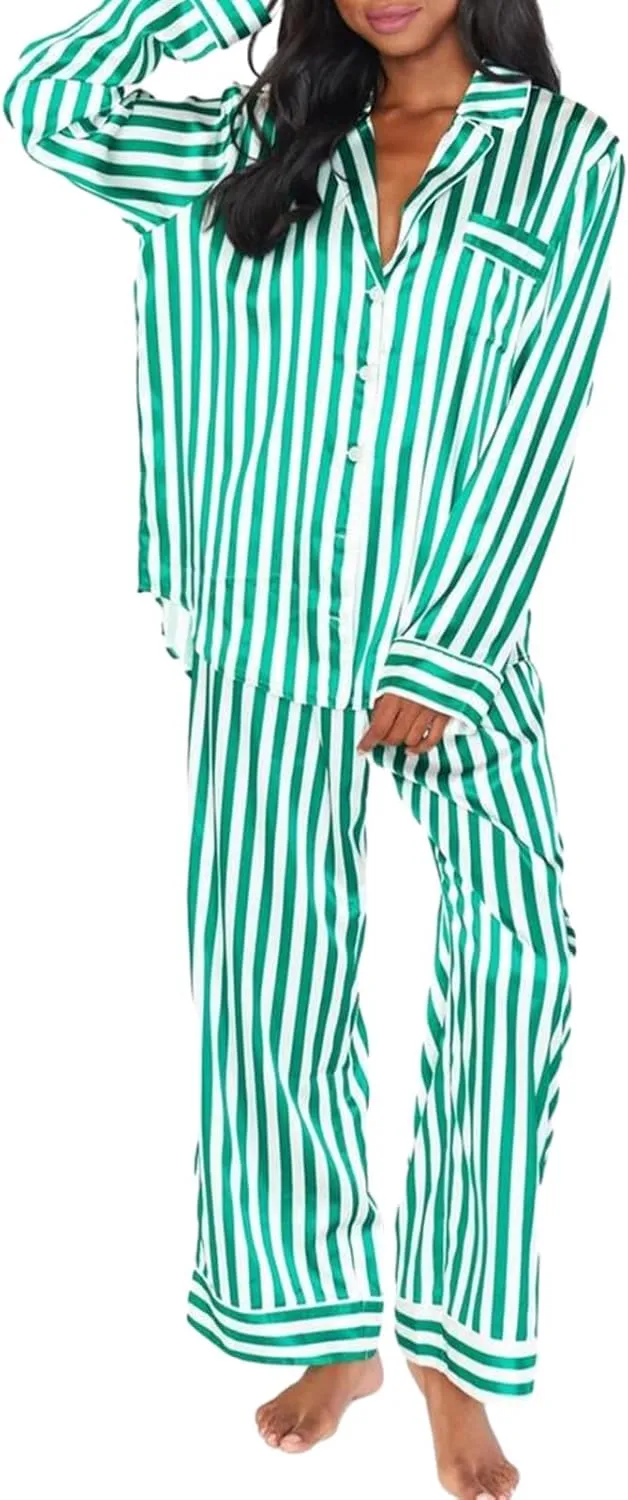 Canbebig Womens Classic Faux Satin Pajama Set Long Sleeve Button Down Sleepwear Pants 2-Piece Striped Silky Pj Set Loungewear