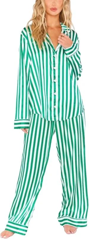 Canbebig Womens Classic Faux Satin Pajama Set Long Sleeve Button Down Sleepwear Pants 2-Piece Striped Silky Pj Set Loungewear