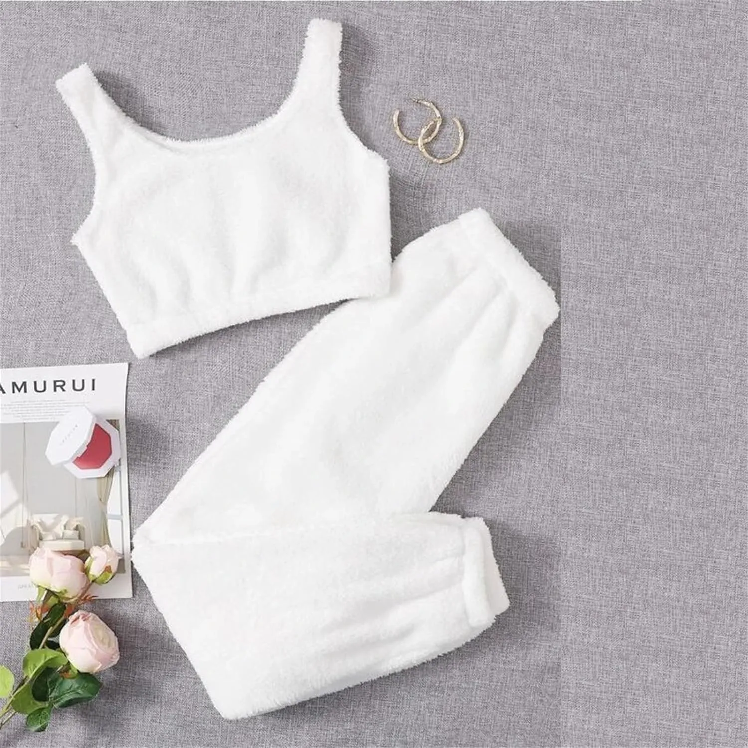 Canbebig Women's Fuzzy 2 Piece Lounge Sets Crop Tank Tops Wide Leg Long Pants Outfits Pajamas Soft Sherpa Fluffy Sleepwear