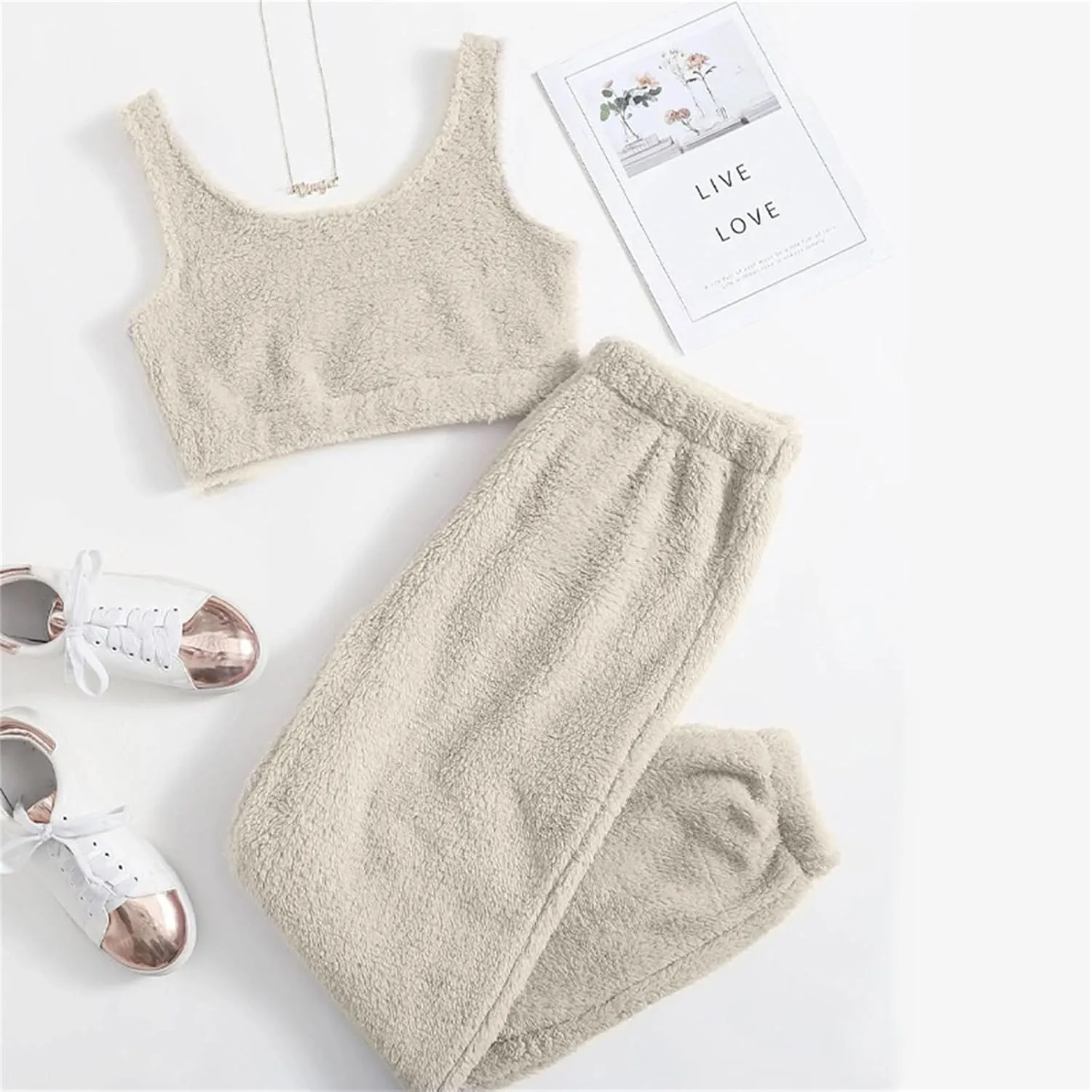 Canbebig Women's Fuzzy 2 Piece Lounge Sets Crop Tank Tops Wide Leg Long Pants Outfits Pajamas Soft Sherpa Fluffy Sleepwear