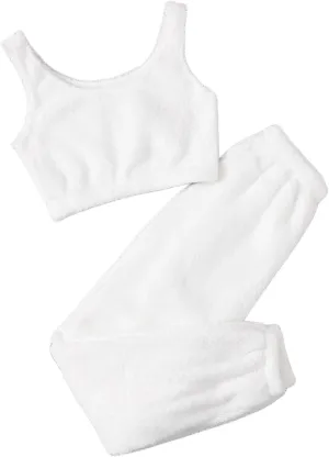 Canbebig Women's Fuzzy 2 Piece Lounge Sets Crop Tank Tops Wide Leg Long Pants Outfits Pajamas Soft Sherpa Fluffy Sleepwear