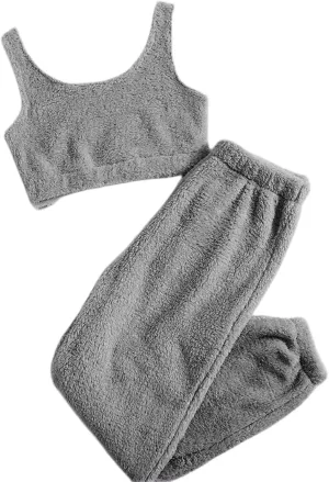 Canbebig Women's Fuzzy 2 Piece Lounge Sets Crop Tank Tops Wide Leg Long Pants Outfits Pajamas Soft Sherpa Fluffy Sleepwear