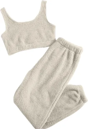 Canbebig Women's Fuzzy 2 Piece Lounge Sets Crop Tank Tops Wide Leg Long Pants Outfits Pajamas Soft Sherpa Fluffy Sleepwear